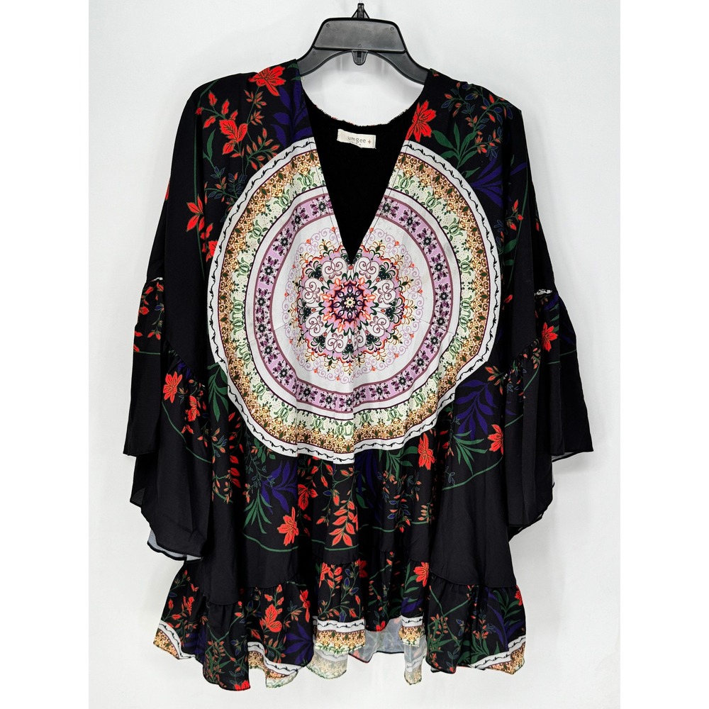 Umgee Floral Mandala Tunic Women 1XL Black Excellent V-Neck Bell Sleeve WC1283